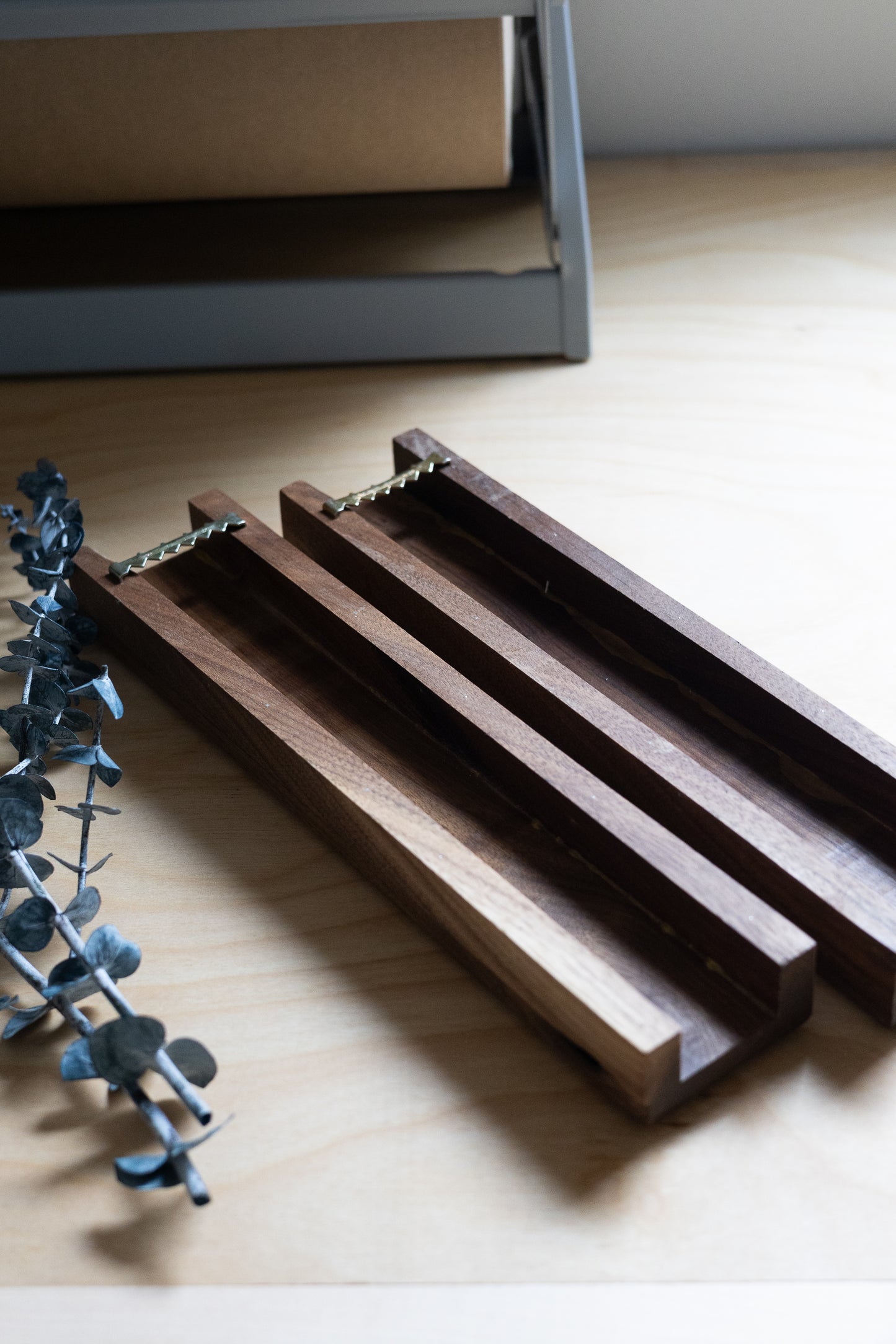 Slim 12 Inch Walnut Wall Pocket with Preserved Eucalyptus