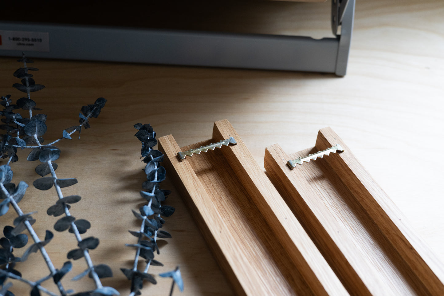 Slim 12 Inch Oak Wall Pocket with Preserved Eucalyptus