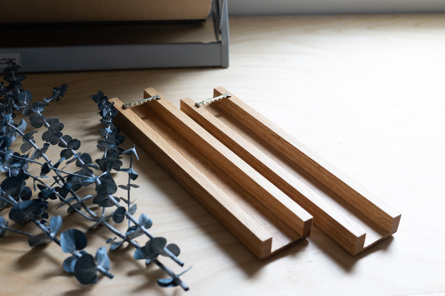 Slim 12 Inch Oak Wall Pocket with Preserved Eucalyptus