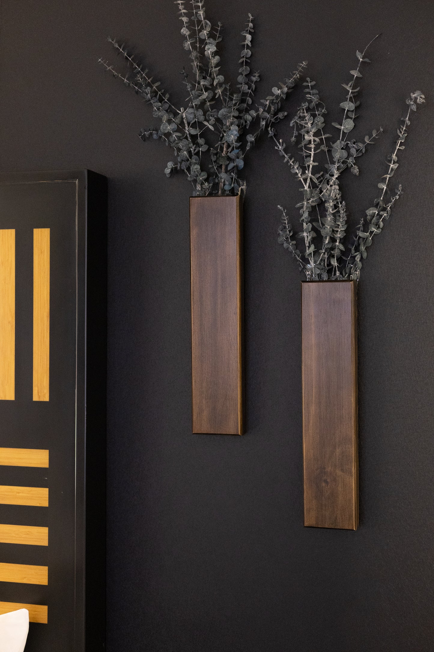 Long Slim 16 Inch Wood Wall Pocket with Preserved Eucalyptus