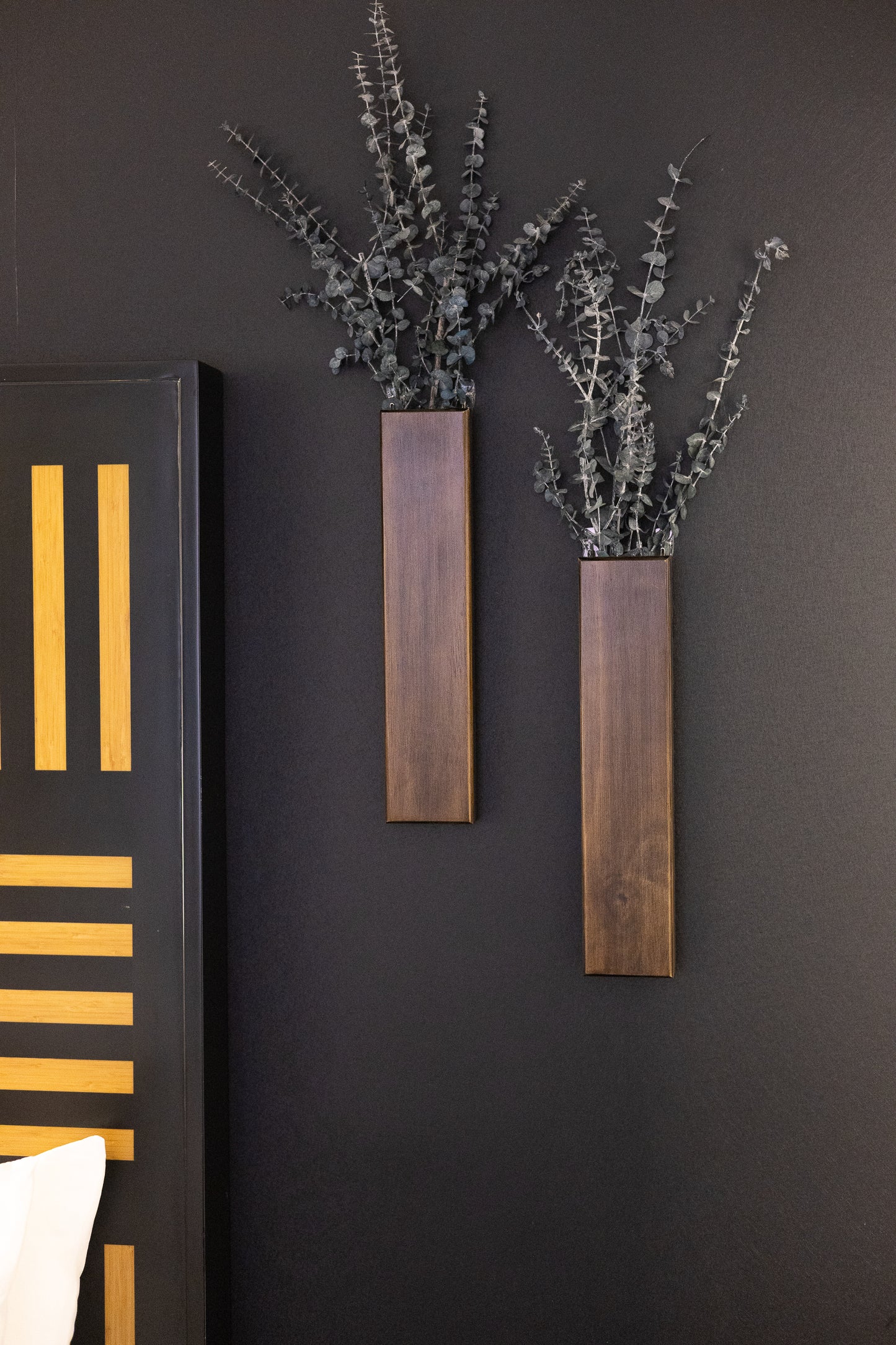 Long Slim 16 Inch Wood Wall Pocket with Preserved Eucalyptus