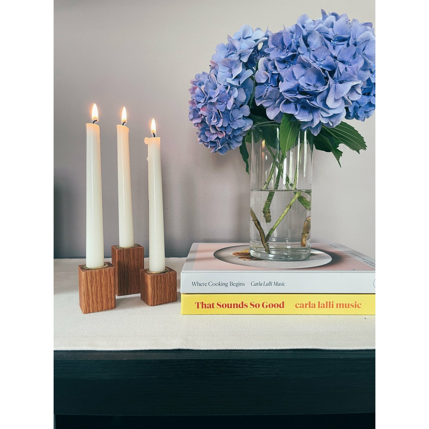 Oak Taper Candleholders Set of Three Wood Candlesticks