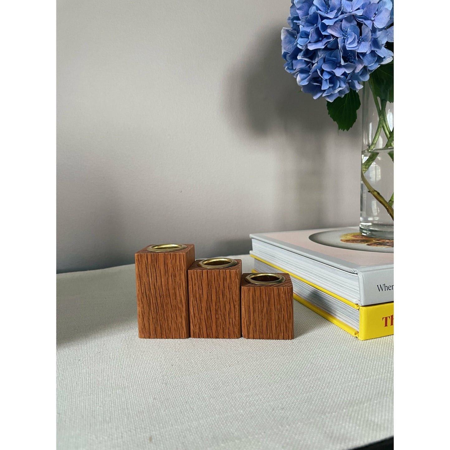 Oak Taper Candleholders Set of Three Wood Candlesticks