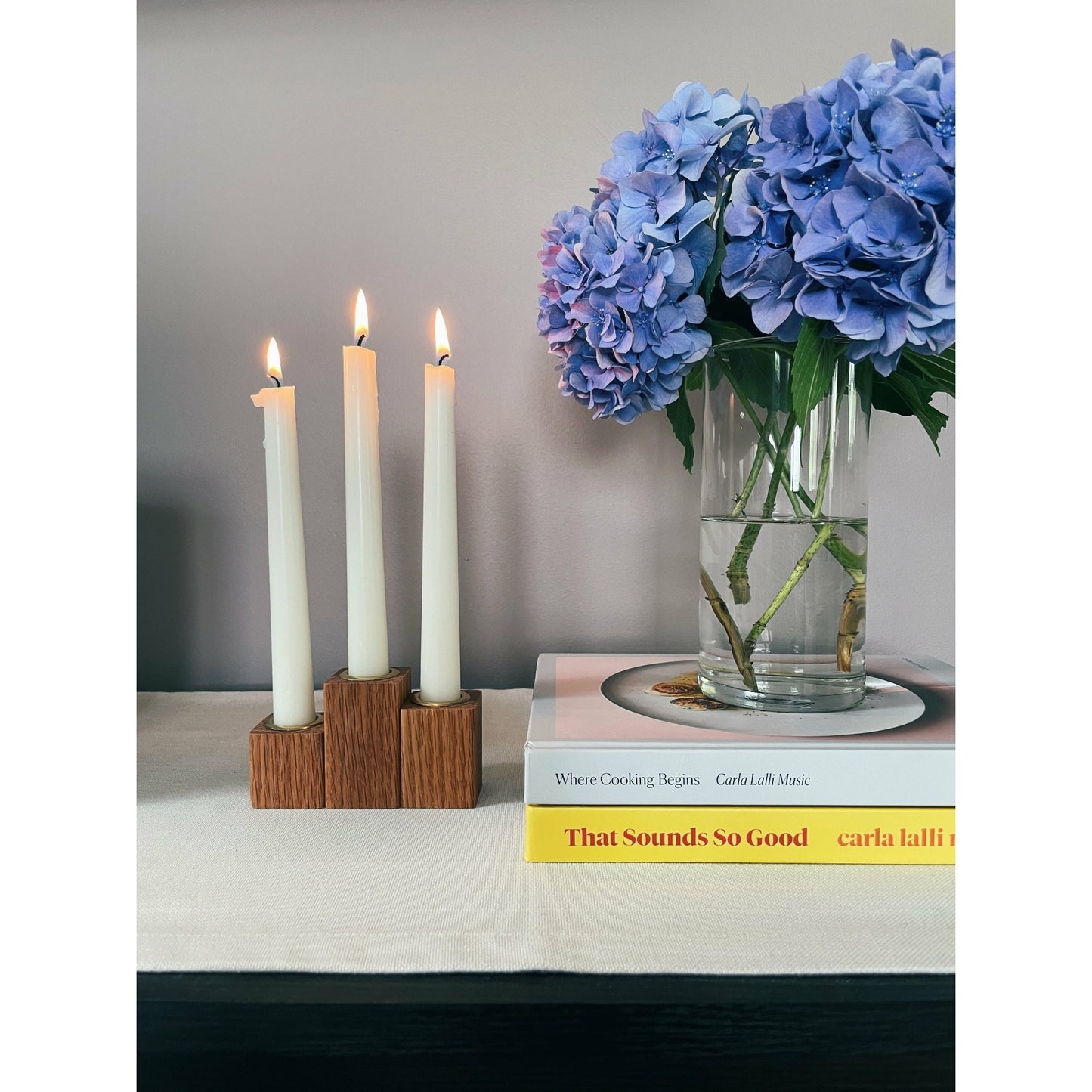 Oak Taper Candleholders Set of Three Wood Candlesticks