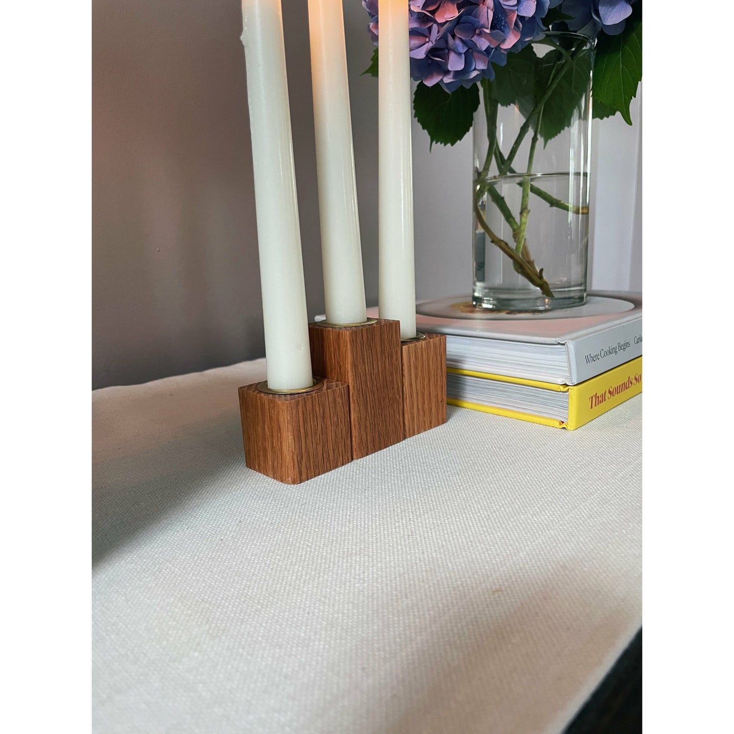 Oak Taper Candleholders Set of Three Wood Candlesticks