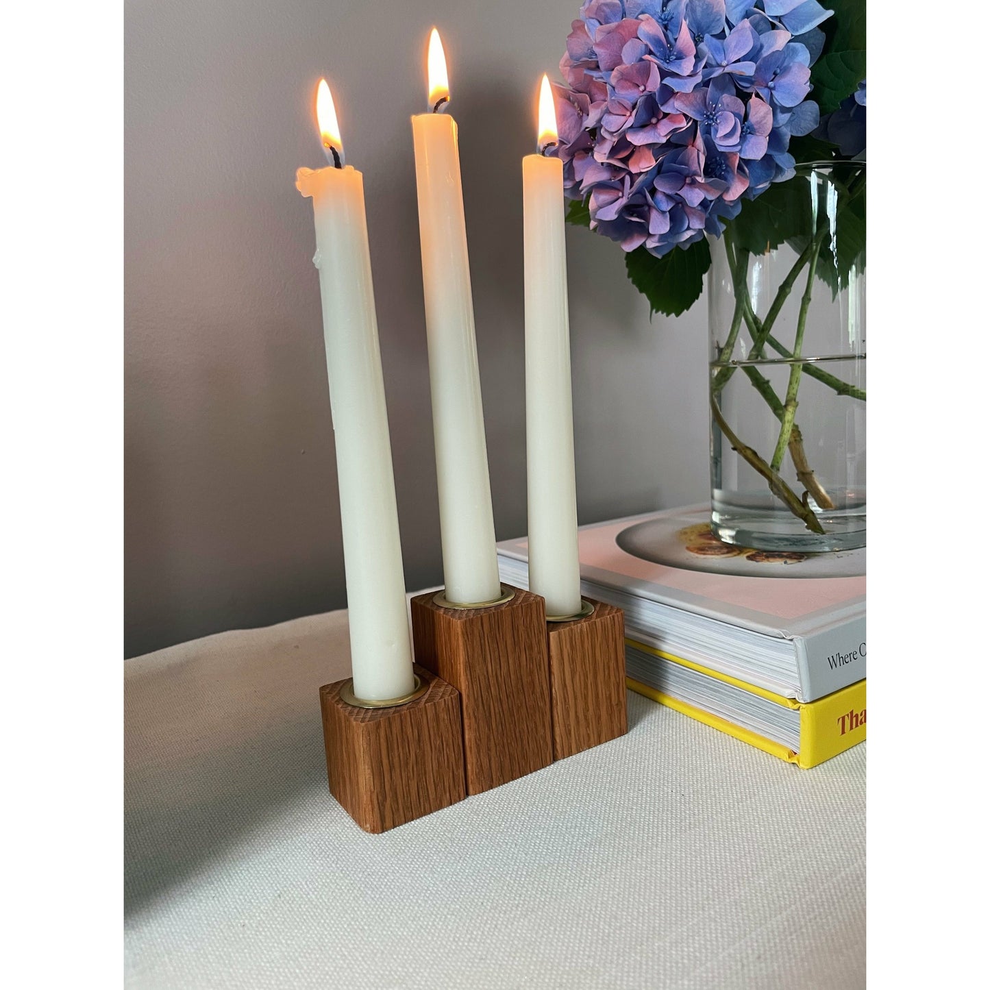 Oak Taper Candleholders Set of Three Wood Candlesticks