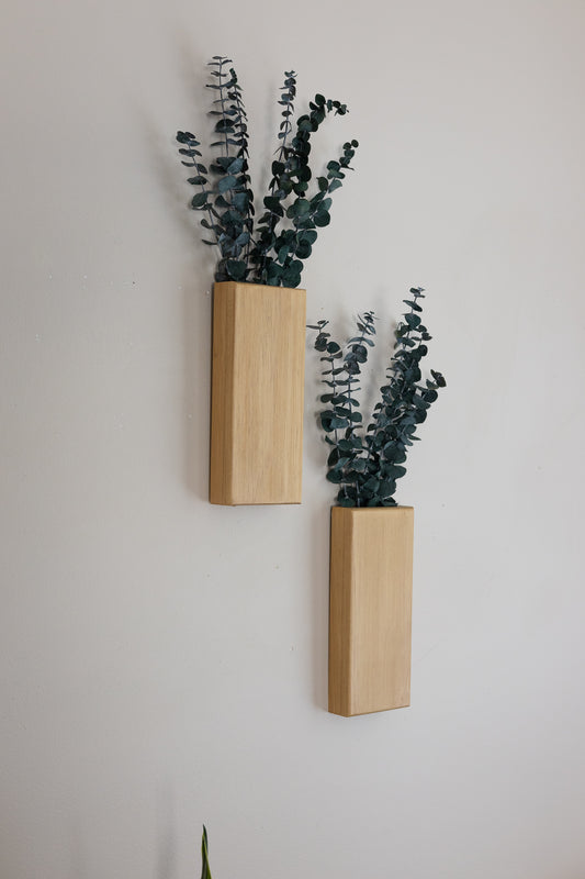 Short Slim 8 Inch Wood Wall Pocket with Preserved Eucalyptus