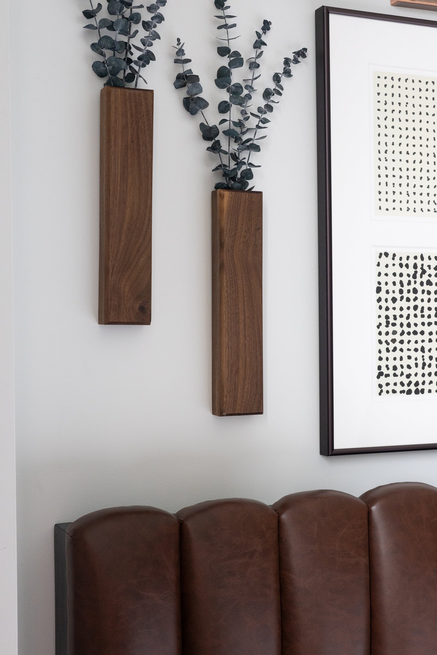 Slim 12 Inch Walnut Wall Pocket with Preserved Eucalyptus