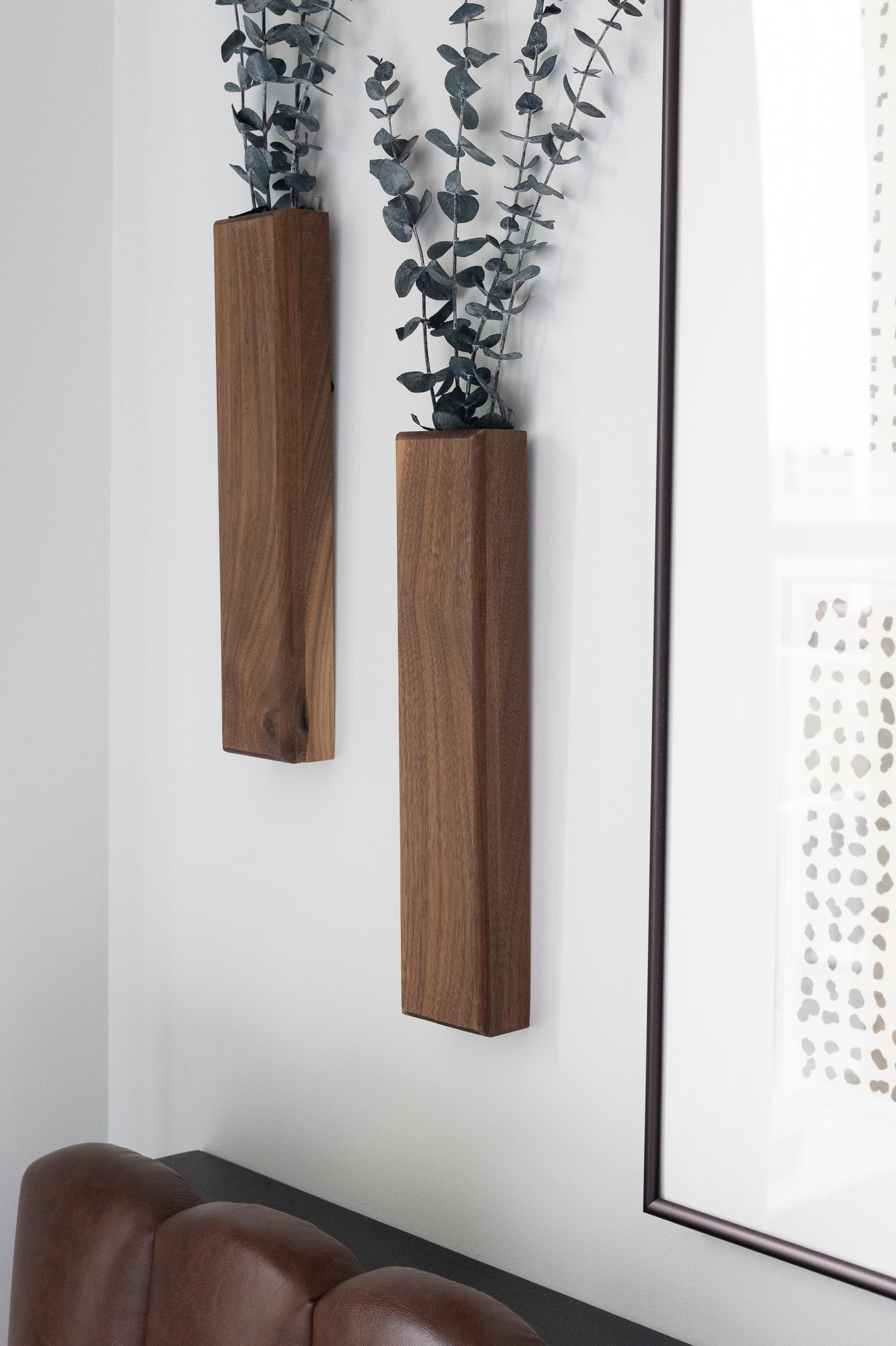Slim 12 Inch Walnut Wall Pocket with Preserved Eucalyptus
