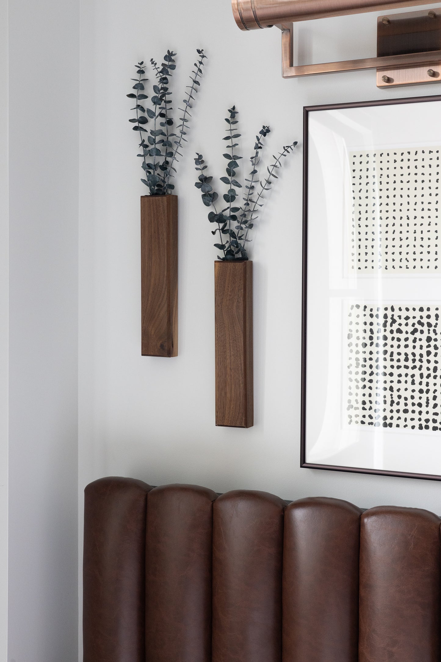 Slim 12 Inch Walnut Wall Pocket with Preserved Eucalyptus