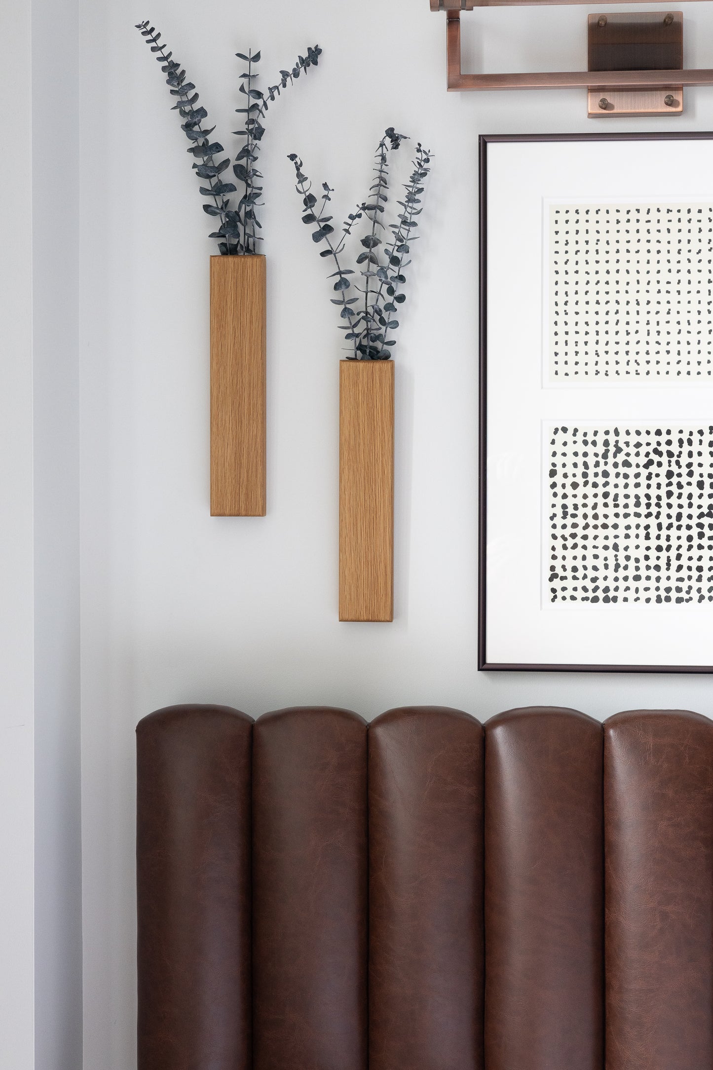 Slim 12 Inch Oak Wall Pocket with Preserved Eucalyptus