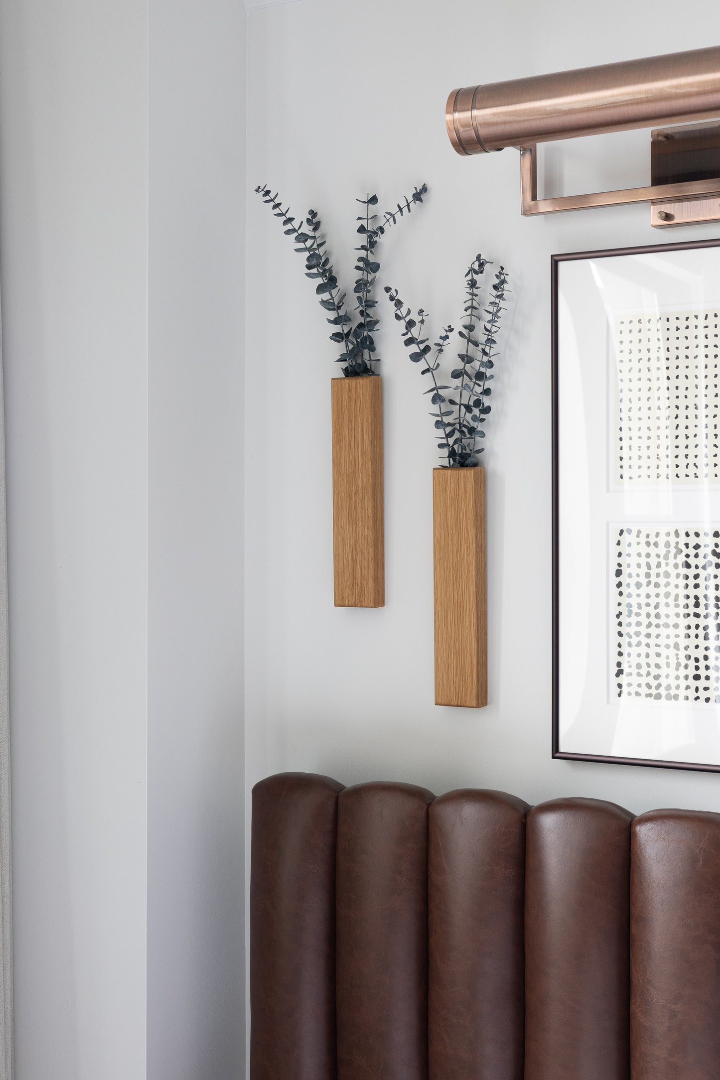 Slim 12 Inch Oak Wall Pocket with Preserved Eucalyptus