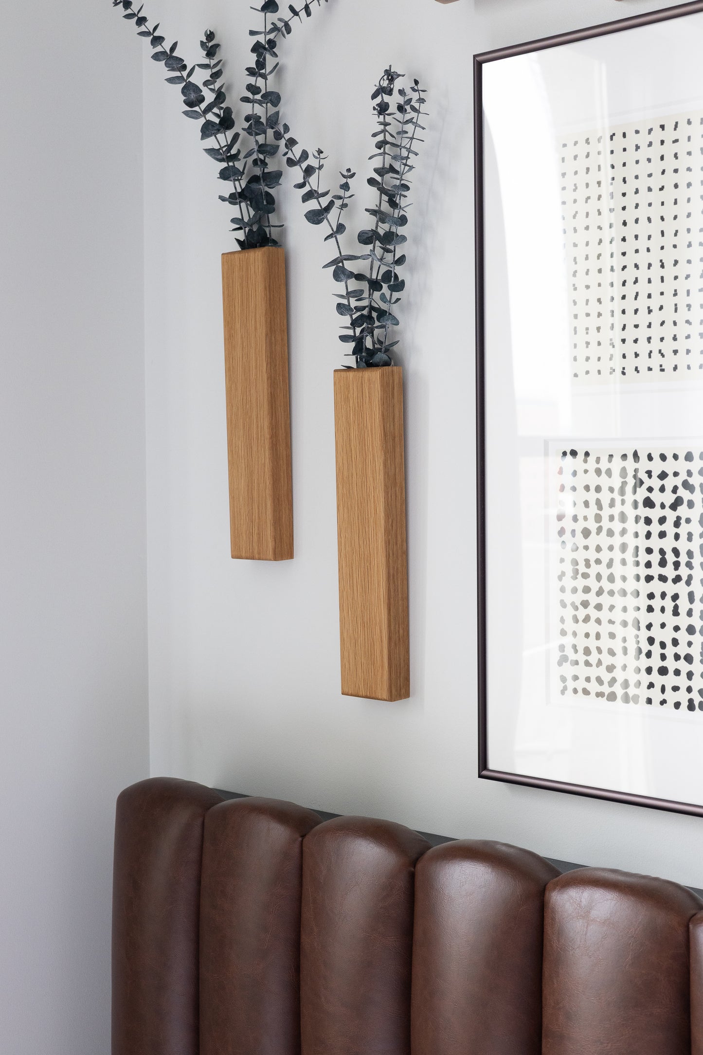 Slim 12 Inch Oak Wall Pocket with Preserved Eucalyptus