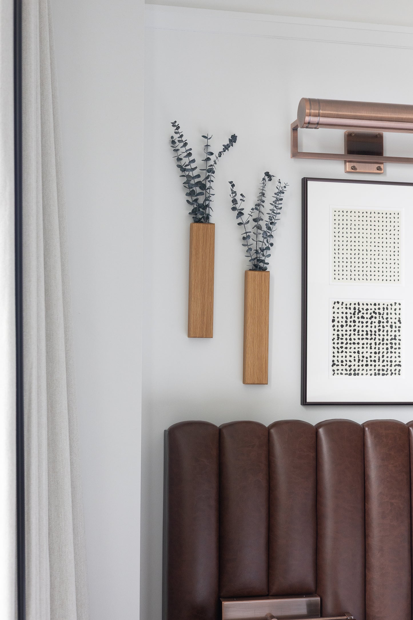 Slim 12 Inch Oak Wall Pocket with Preserved Eucalyptus