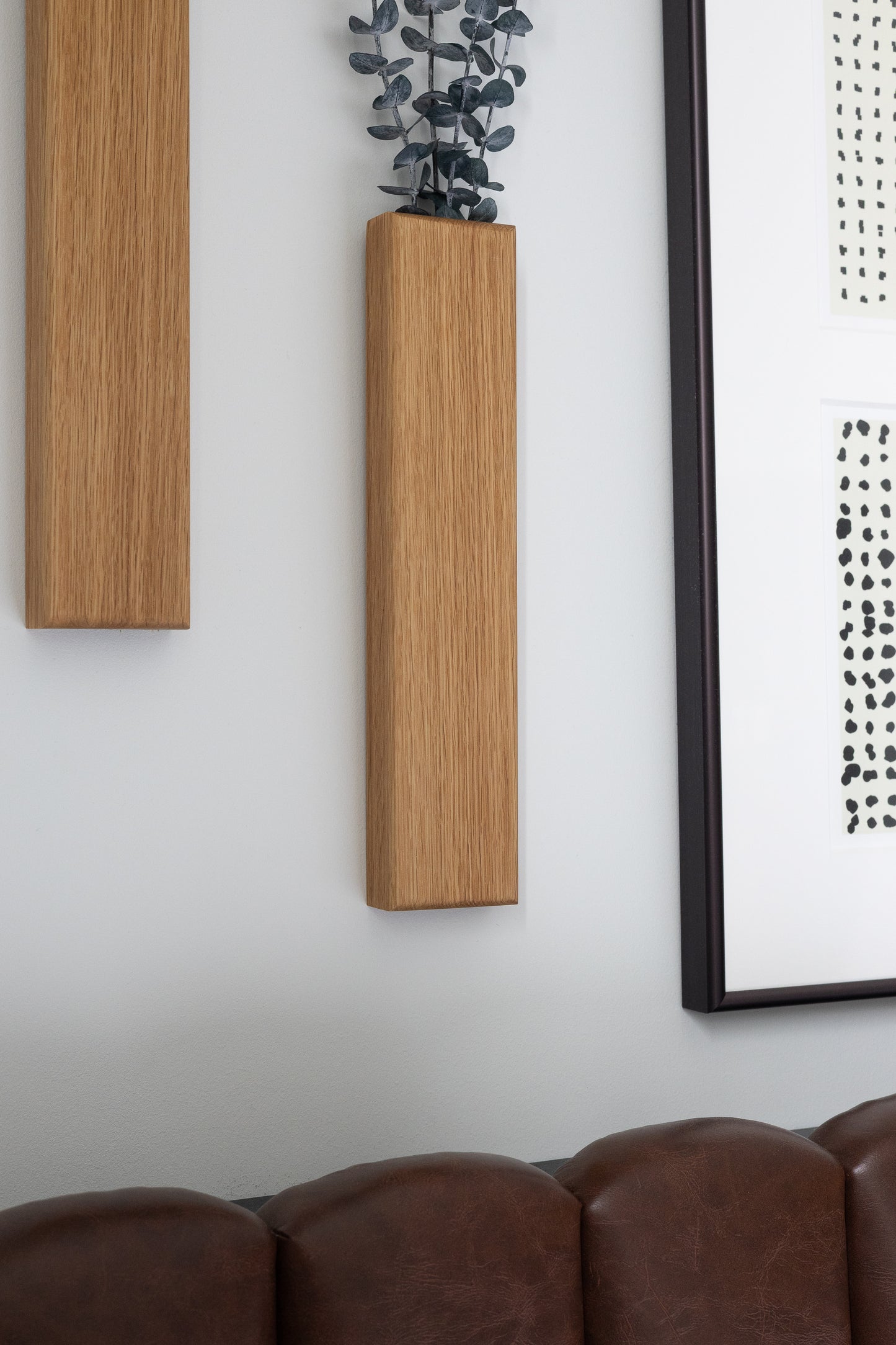 Slim 12 Inch Oak Wall Pocket with Preserved Eucalyptus