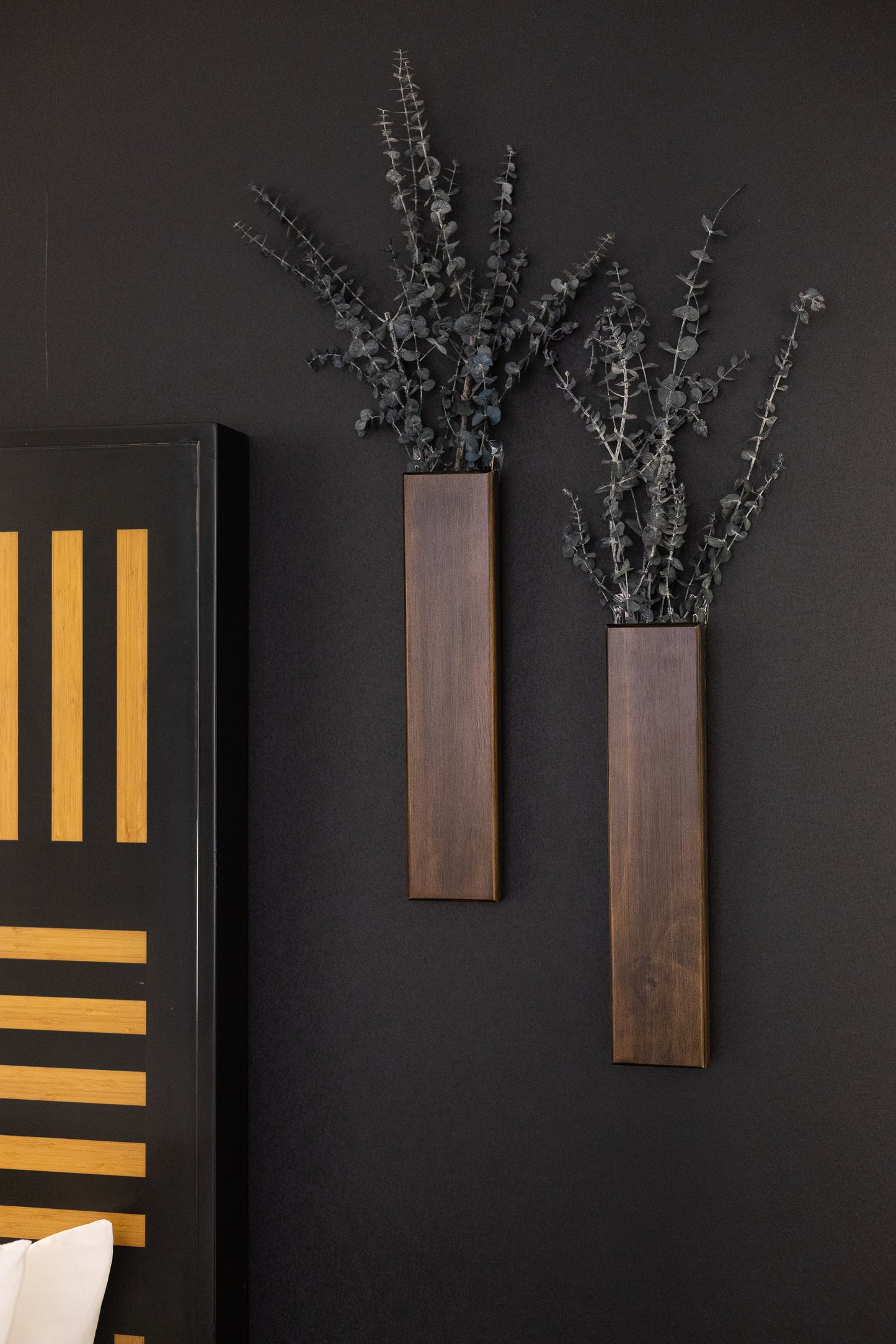 Long Slim 16 Inch Wood Wall Pocket with Preserved Eucalyptus