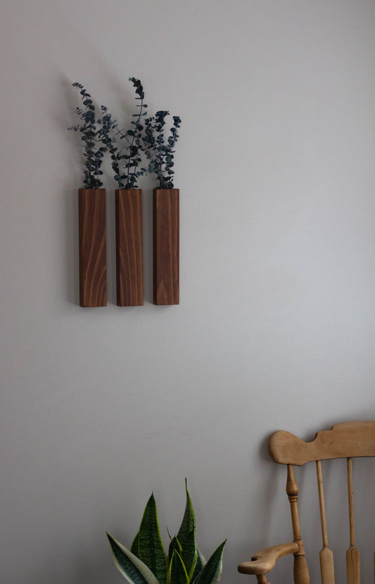 Slim Wood Wall Pocket with Eucalyptus Stems | Wood Hanging Vase