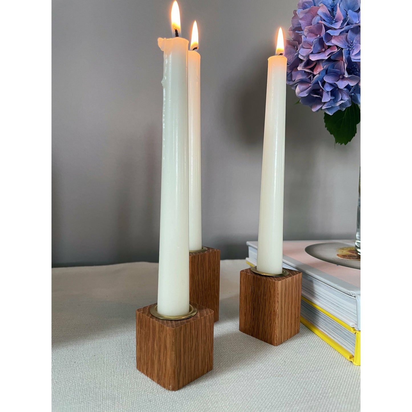 Oak Taper Candleholders Set of Three Wood Candlesticks