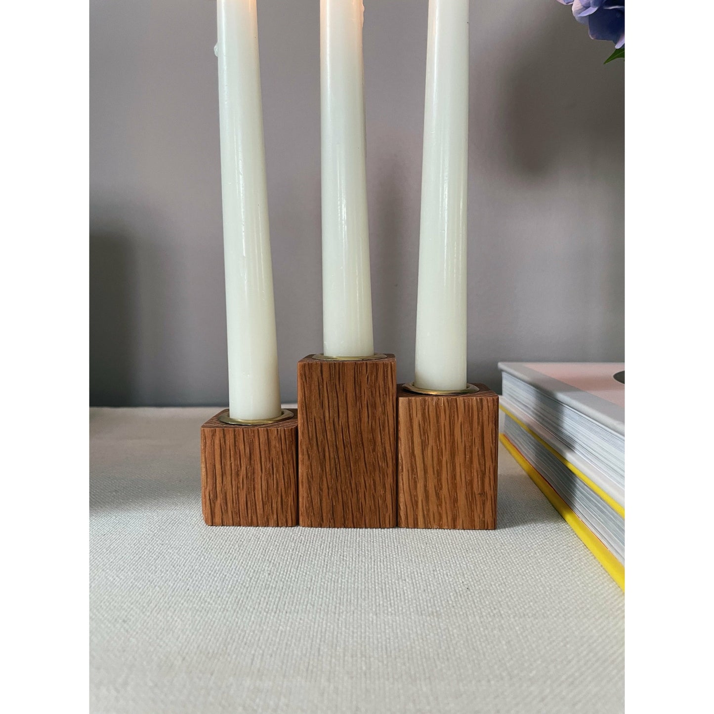 Oak Taper Candleholders Set of Three Wood Candlesticks