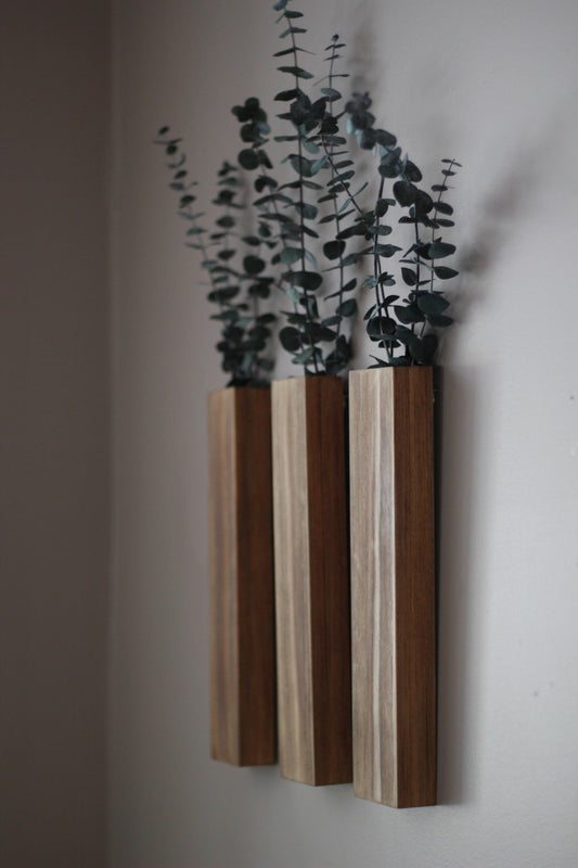 Slim Wood Wall Pocket with Eucalyptus Stems | Wood Hanging Vase