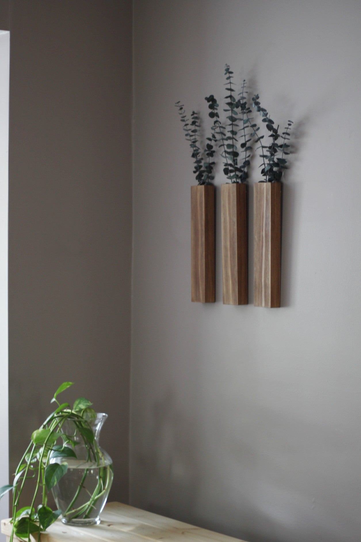 Slim Wood Wall Pocket with Eucalyptus