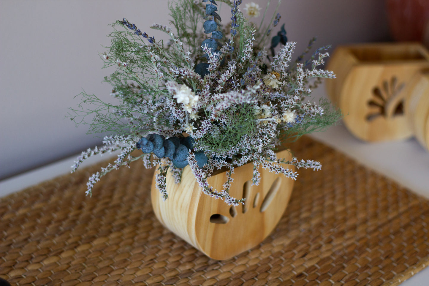 Mini Wood Vase with Dried Flower Bunch