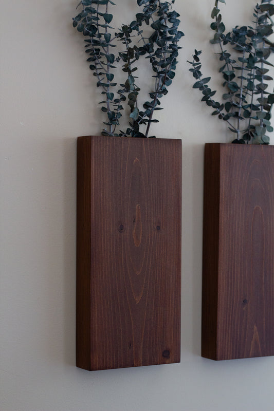 Wood Wall Pocket in Stained Finish | Wood Hanging Vase for Greenery or Dried Flowers