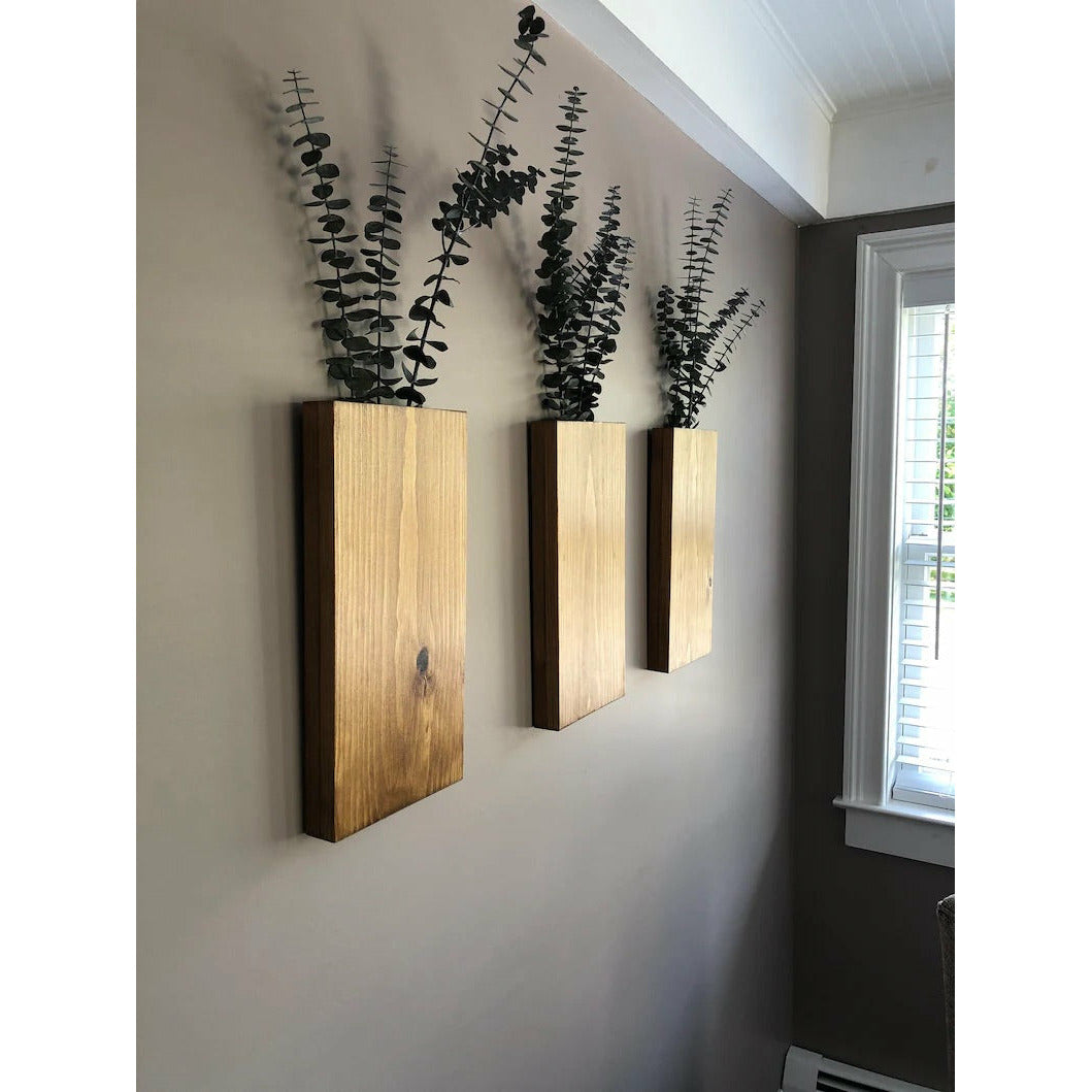 Large Wood Wall Pocket in Stained Finish Wood Hanging Vase for Greenery Eucalyptus or Dried Flowers