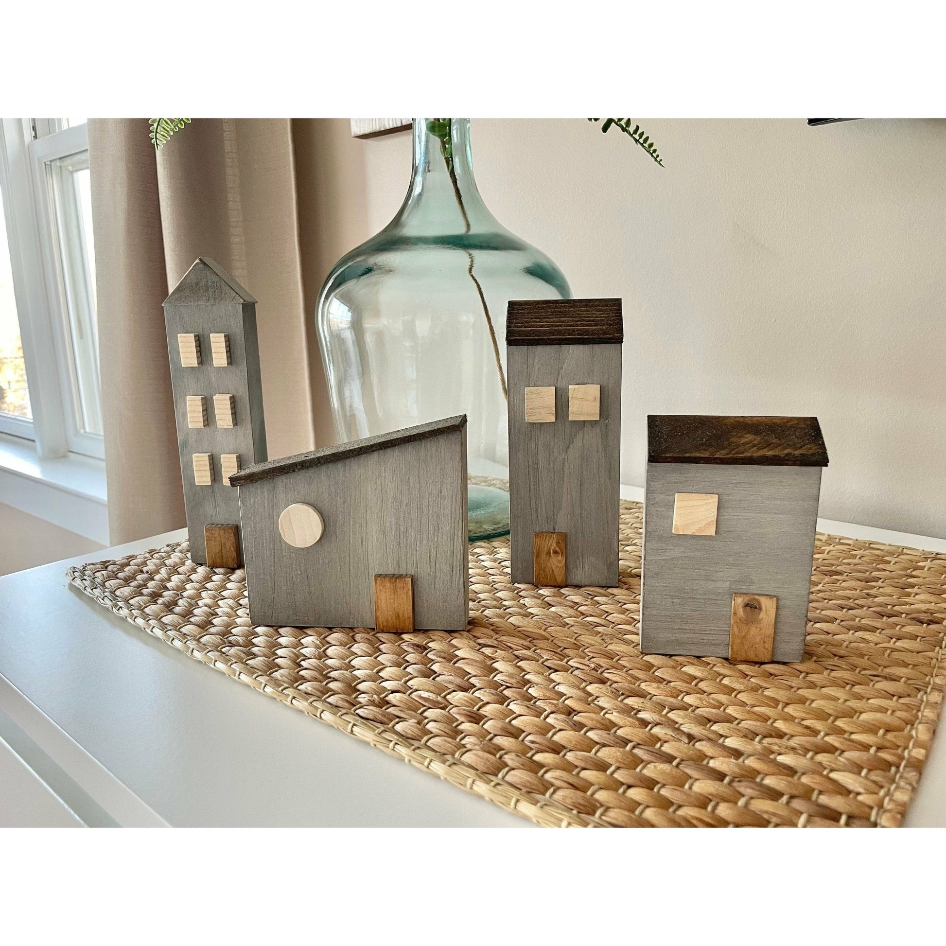 Set of Two Mini Wood Houses Tiered Shelf Decor