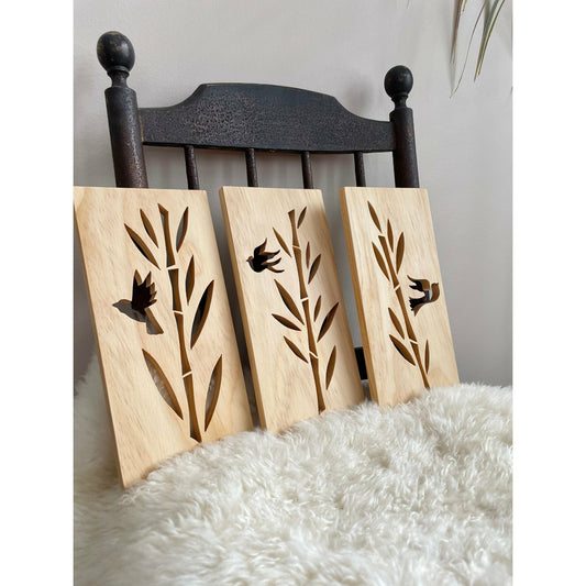 Bamboo Wood Wall Hangings with Birds Set of Three Wood Wall Art